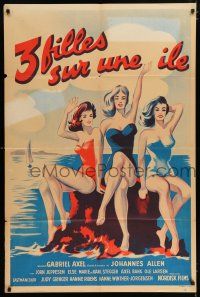 4y333 GIRLS ARE WILLING French 31x47 '58 great art of three sexy women in swimsuits by the ocean!