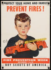 4z529 PROTECT YOUR HOME & FAMILY PREVENT FIRES 17x24 special '50s art of boy holding fire engine!