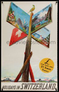 4z183 HOLIDAYS IN SWITZERLAND 25x40 Swiss travel poster '50s cool art of sign by Carigiet!