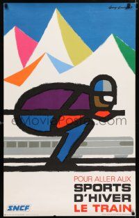 4z196 SNCF Sport D'hiver style 25x39 French travel poster '72 skier & speeding train by Guy Georget!