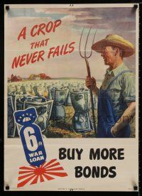 4z126 CROP THAT NEVER FAILS 20x28 WWII war poster '44 great art of farmer by E.V. Johnson!