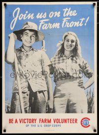 4z137 JOIN US ON THE FARM FRONT 20x28 WWII war poster '44 image of boy and girl working in field!