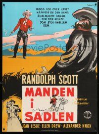 5b679 MAN IN THE SADDLE Danish '51 Wenzel art of western cowboy Randolph Scott, Joan Leslie!