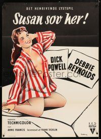 5b714 SUSAN SLEPT HERE Danish '54 Stilling art of Debbie Reynolds wearing only an unbuttoned shirt