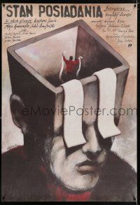 5b304 INVENTORY Polish 26x38 '89 wild abstract art of man with toilet-paper eyes by Pagowski!