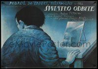 5b254 SWIATLO ODBITE Polish 19x27 '89 cool Wieslaw Walkuski artwork of man with mirror on desk!