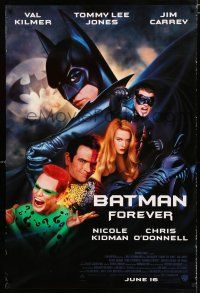 5c094 BATMAN FOREVER cast advance DS 1sh '95 Val Kilmer, Nicole Kidman, Tommy Lee Jones, Jim Carrey