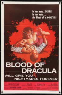 5c001 BLOOD OF DRACULA 1sh '57 art of female vampire attacking male victim!
