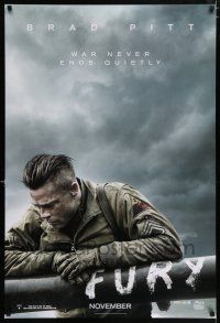 5c283 FURY teaser DS 1sh '14 great image of soldier Brad Pitt, war never ends quietly!