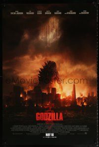 5c295 GODZILLA int'l advance DS 1sh '14 Bryan Cranston, cool image of monster & burning city!