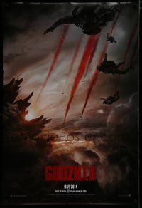 5c296 GODZILLA teaser DS 1sh '14 image of soldiers parachuting over monster & burning city!