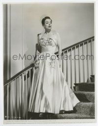 5d416 HARRIET CRAIG 7.75x10 still '50 full-length Joan Crawford wearing great dress on stairs!