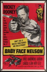 5f069 BABY FACE NELSON 1sh '57 great art of Public Enemy No. 1 Mickey Rooney firing tommy gun!