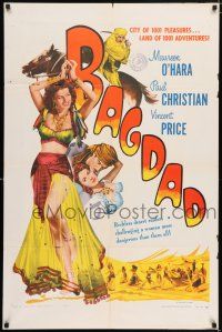 5f079 BAGDAD 1sh R56 art of Maureen O'Hara in sexiest harem outfit + Vincent Price on horse!
