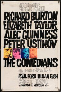5f188 COMEDIANS style A 1sh '67 art of Richard Burton, Elizabeth Taylor, Alec Guinness & Ustinov!