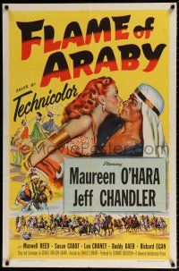 5f288 FLAME OF ARABY 1sh '51 romantic sexy art of Maureen O'Hara & Jeff Chandler!