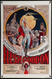 5f292 FLESH GORDON 1sh '74 sexy sci-fi spoof, wacky erotic super hero art by George Barr!