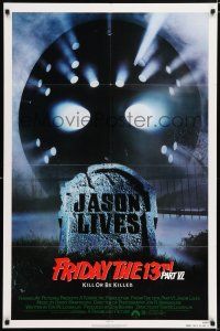 5f315 FRIDAY THE 13th PART VI 1sh '86 Jason Lives, cool image of hockey mask & tombstone!