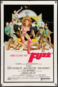 5f325 FUZZ 1sh '72 wacky art of naked Burt Reynolds & sexiest cop Raquel Welch!