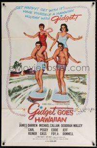 5f333 GIDGET GOES HAWAIIAN 1sh '61 best image of two guys surfing with girls on their shoulders!
