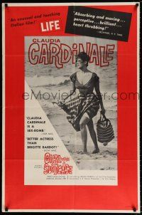 5f339 GIRL WITH A SUITCASE 1sh '60 sexiest Claudia Cardinale walking on beach in low-cut dress!