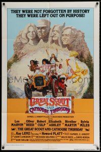5f362 GREAT SCOUT & CATHOUSE THURSDAY 1sh '76 wacky art of Lee Marvin & cast in Mount Rushmore!