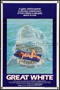 5f367 GREAT WHITE style A 1sh '82 great artwork of huge shark attacking girl in bikini on raft!