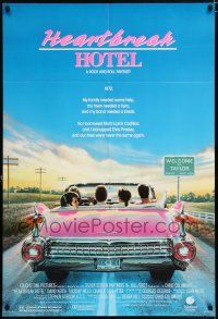 5f386 HEARTBREAK HOTEL 1sh '88 great art of Elvis in the back of a pink Cadillac!
