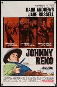 5f469 JOHNNY RENO 1sh '66 Dana Andrews, Jane Russell, wherever there's action, there's Johnny Reno