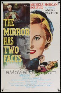 5f582 MIRROR HAS TWO FACES 1sh '58 cool artwork of two-faced Michele Morgan!