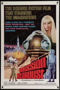 5f583 MISSION STARDUST 1sh '68 wacky Italian sci-fi, cool art of astronaut shooting laser!