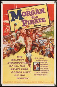 5f592 MORGAN THE PIRATE 1sh '61 Morgan il pirate, cool art of barechested swashbuckler Steve Reeves!