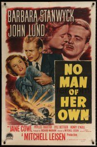 5f626 NO MAN OF HER OWN 1sh '50 Barbara Stanwyck, cool artwork of exploding train!