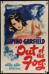 5f656 OUT OF THE FOG 1sh '41 art of sexy Ida Lupino & smoking John Garfield, film noir!
