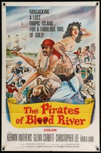5f688 PIRATES OF BLOOD RIVER 1sh '62 great art of buccaneer carrying sexy babe, Hammer!