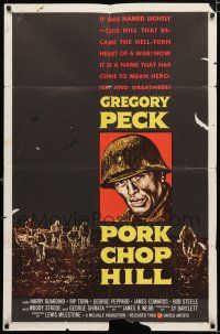5f696 PORK CHOP HILL 1sh '59 Lewis Milestone directed, cool art of Korean War soldier Gregory Peck!