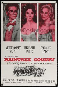 5f716 RAINTREE COUNTY 1sh R60s art of Montgomery Clift, Elizabeth Taylor & Eva Marie Saint!