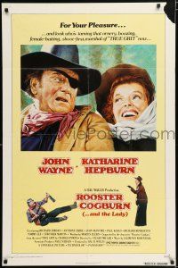 5f745 ROOSTER COGBURN 1sh '75 great art of John Wayne with eyepatch & Katharine Hepburn!