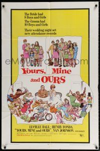 5f995 YOURS, MINE & OURS 1sh '68 art of Henry Fonda, Lucy Ball & their 18 kids by Frank Frazetta!
