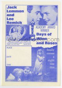 5h014 DAYS OF WINE & ROSES herald '64 Blake Edwards, alcoholics Jack Lemmon & Lee Remick!