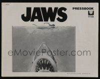 5h709 JAWS pressbook '75 art of Steven Spielberg's classic man-eating shark attacking sexy swimmer!