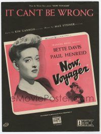 5h327 NOW, VOYAGER sheet music '42 classic romantic tearjerker, Bette Davis, It Can't Be Wrong!