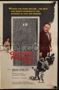 5h642 GIRL IN ROOM 13 die-cut pressbook '60 Brian Donlevy, stark realism of love & murder!