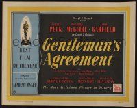 5j591 GENTLEMAN'S AGREEMENT English 1/2sh '47 Elia Kazan, Gregory Peck, Dorothy McGuire, Garfield!