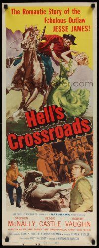 5j156 HELL'S CROSSROADS insert '57 Stephen McNally as Jesse James on horse & sexy Peggy Castle!