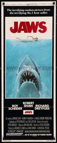 5j179 JAWS insert '75 Steven Spielberg's classic, man-eating shark attacking sexy swimmer art!