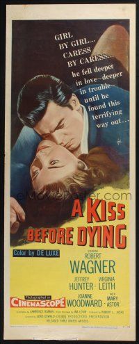 5j191 KISS BEFORE DYING insert '56 great close up art of Robert Wagner & Joanne Woodward!