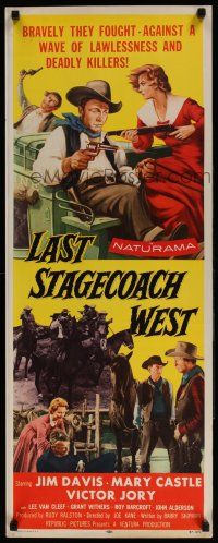 5j197 LAST STAGECOACH WEST insert '57 art of Jim Davis & Mary Castle w/guns on runaway stagecoach!