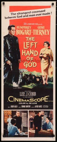 5j201 LEFT HAND OF GOD insert '55 art of priest Humphrey Bogart holding gun + sexy Gene Tierney!