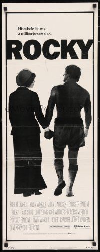5j286 ROCKY insert '76 boxer Sylvester Stallone holding hands with Talia Shire, boxing classic!